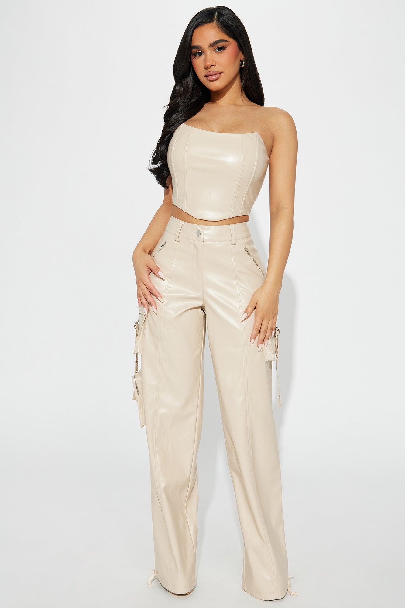 In The Moment Faux Leather Pant Set - Taupe Product Image
