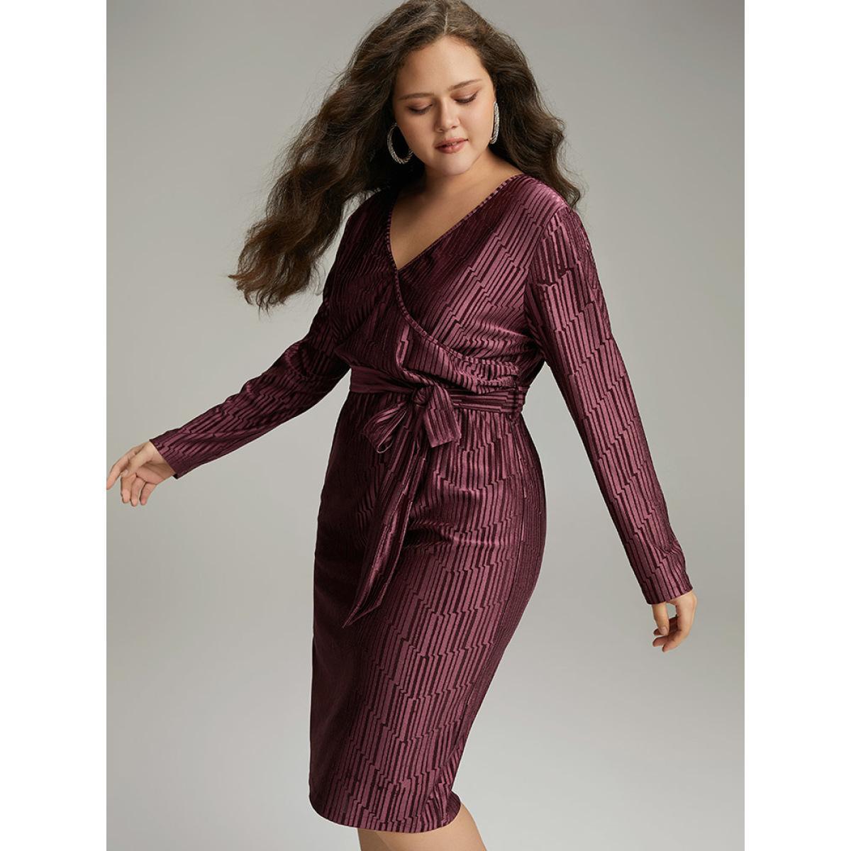 Plus Size Geometric Velvet Belted Split Hem Dress RedViolet Women Cocktail Wrap Overlap Collar Long Sleeve Curvy Knee Dress BloomChic 10/M Product Image