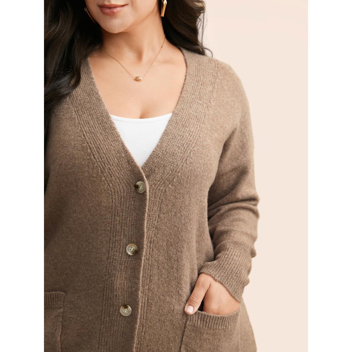 Plus Size Airy Cozy V Neck Cardigan Tan Women Basics Loose Long Sleeve Everyday Cardigans BloomChic 18-20/2X Product Image