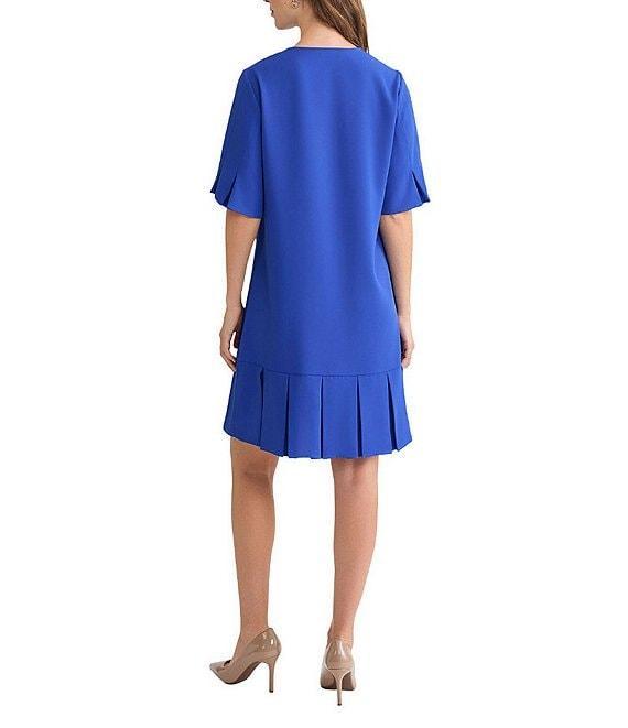 Ming Wang Crepe De Chine Split V-Neck Short Sleeve Pleated A-Line Dress Product Image