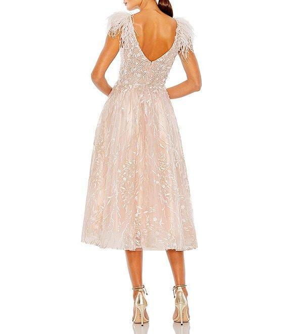 Mac Duggal V-neck Feather Trim Embroidered Mesh Aline Midi Dress Product Image