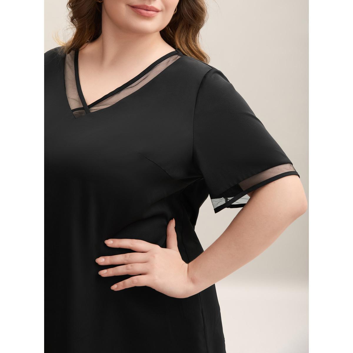 Plus Size Black Sheer Spliced Mesh V-Neck Top Women Elegant Short sleeve V-neck Everyday Blouses BloomChic 14-16/1X Product Image
