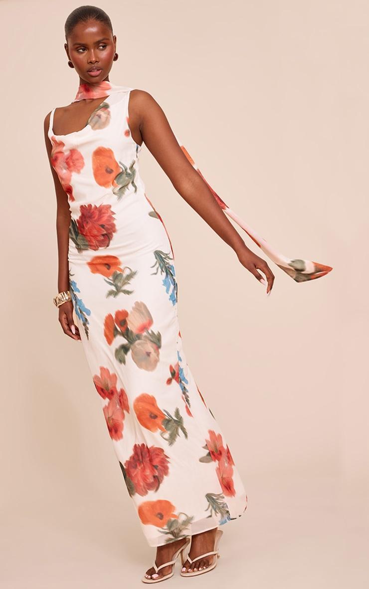 White Floral Print Chiffon Scarf Maxi Dress Product Image