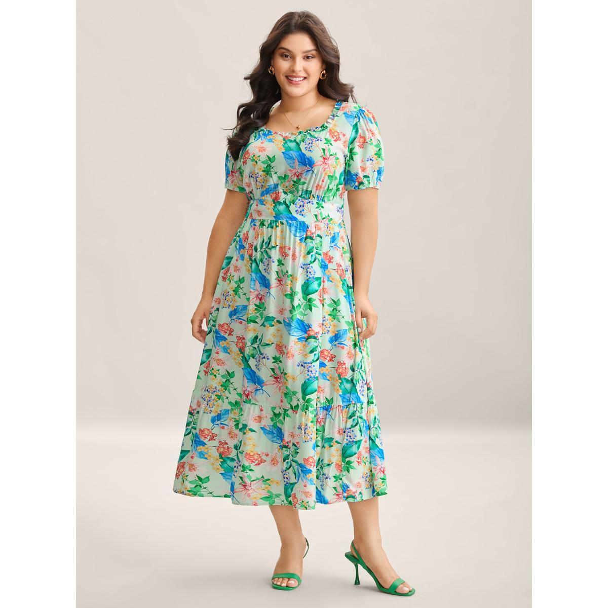 Plus Size Spring Flowers Printed Pockets Midi Dress Truegreen Women Heart neckline Short sleeve Curvy BloomChic 28/5X Product Image