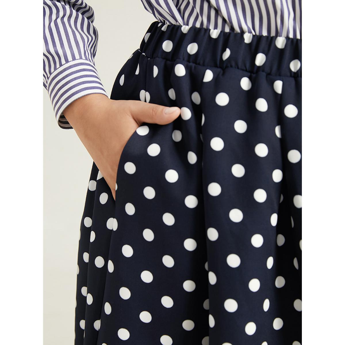 Plus Size Polka Dot Elastic Waist Contrast Skirt Women Indigo Office A-line No stretch Pocket Work Skirts BloomChic 28/5X Product Image