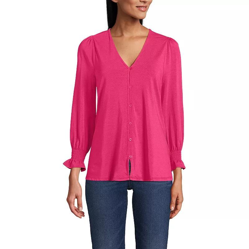 Women's Lands' End 3/4 Sleeve Lightweight Jersey Button Front Top, Size: Large, Spiced Rhubarb Product Image