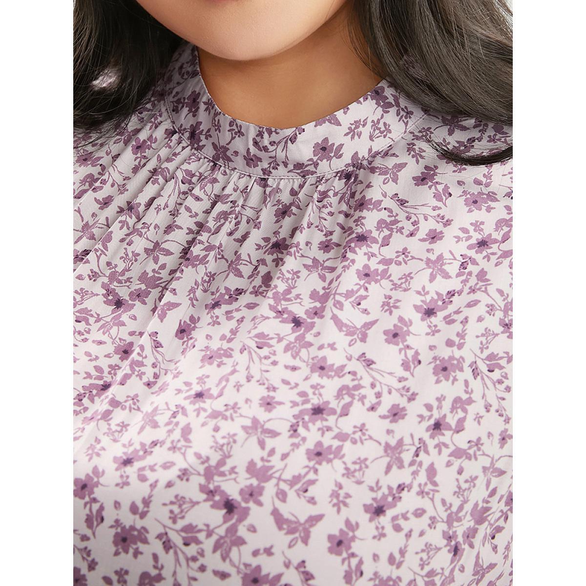 Plus Size Ditsy Floral Keyhole Pocket Belted Mock Neck Ruffles Dress Lavender Women Elegant Pocket Mock Neck Sleeveless Curvy Midi Dress BloomChic 12/L Product Image