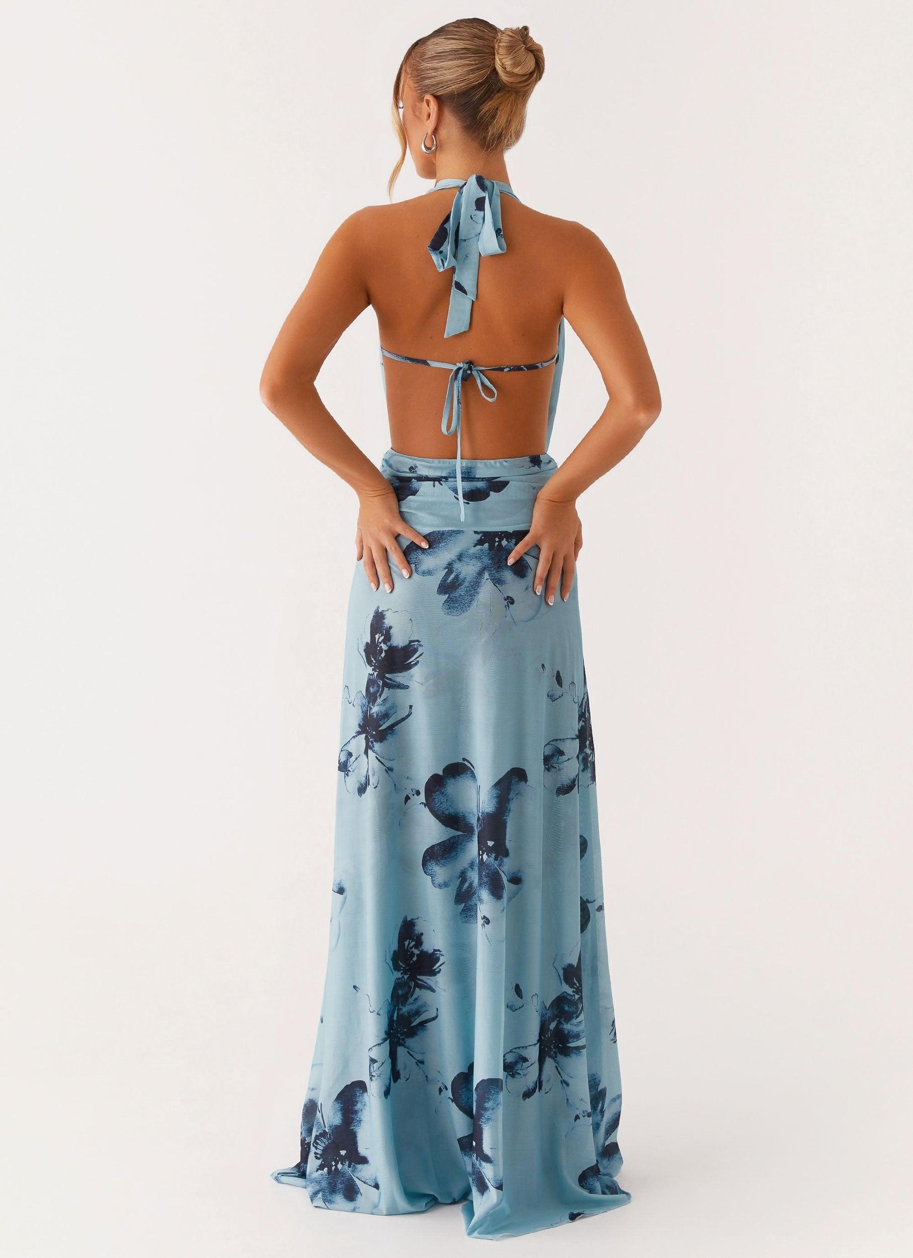 Elysia Mesh Maxi Dress - Blue Black Floral Product Image