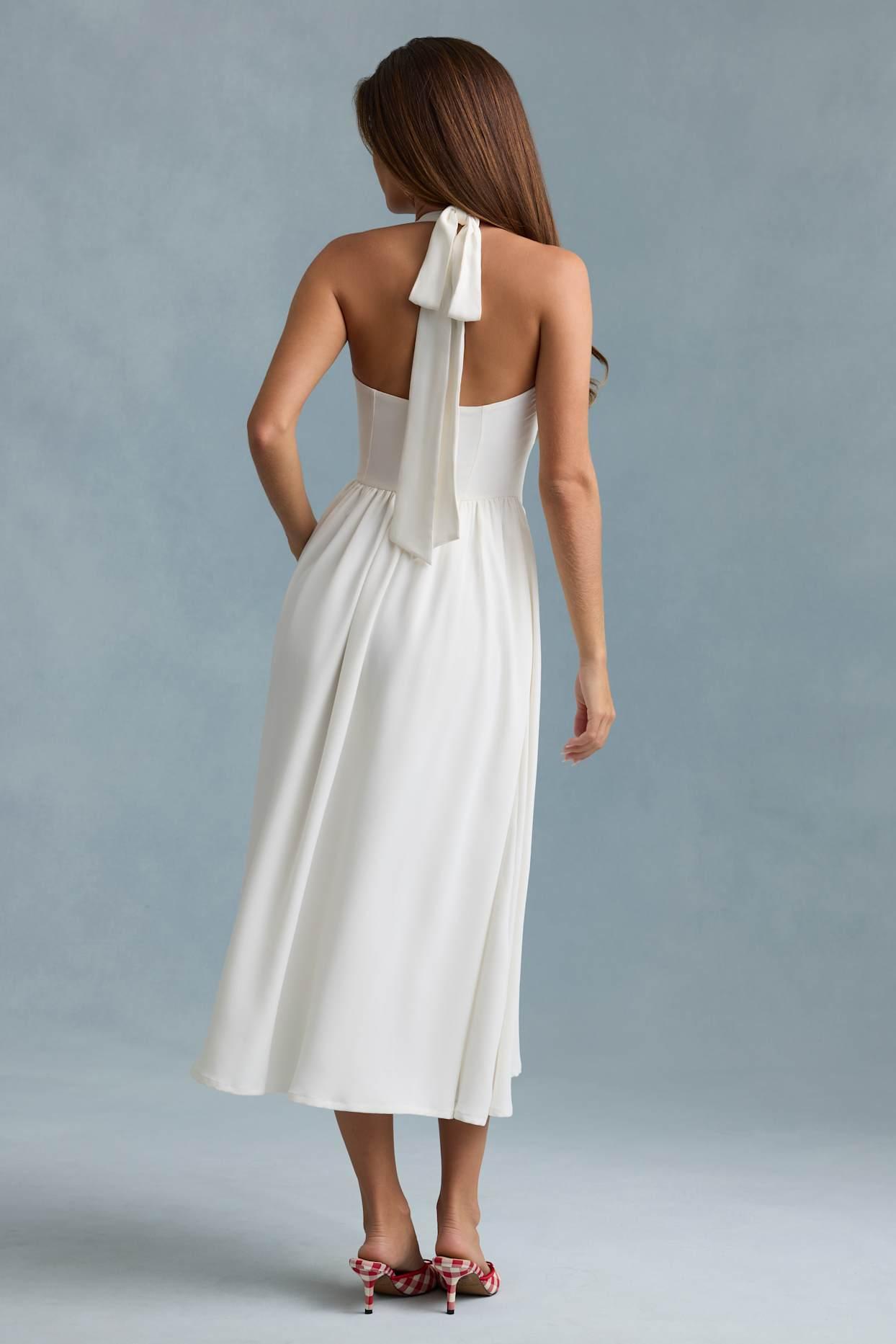 Button-Detail Halterneck Midaxi Dress in White Product Image
