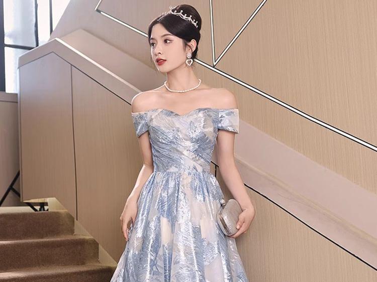 Short-Sleeve Off Shoulder Ruched Jacquard A-Line Evening Gown Product Image