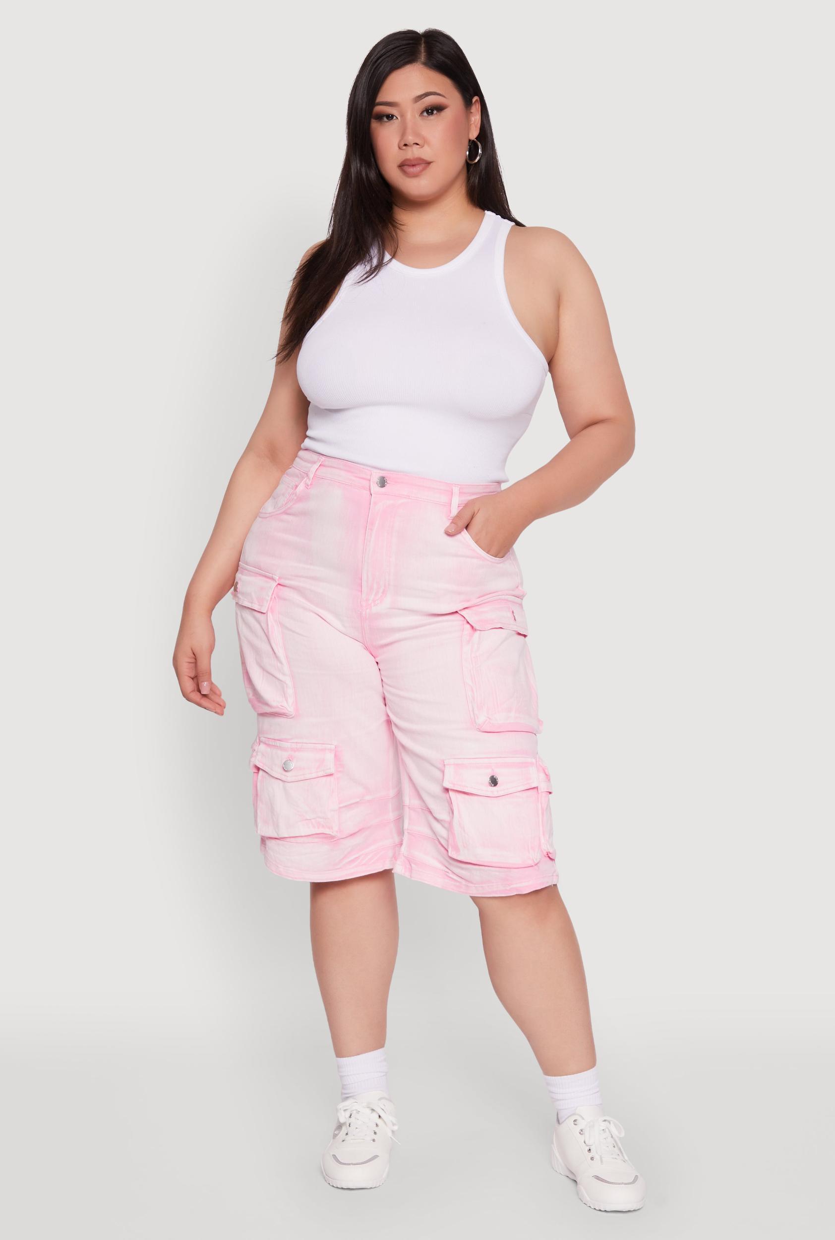 Womens Plus Size Daisy High Waisted Acid Wash Cargo Denim Shorts Product Image