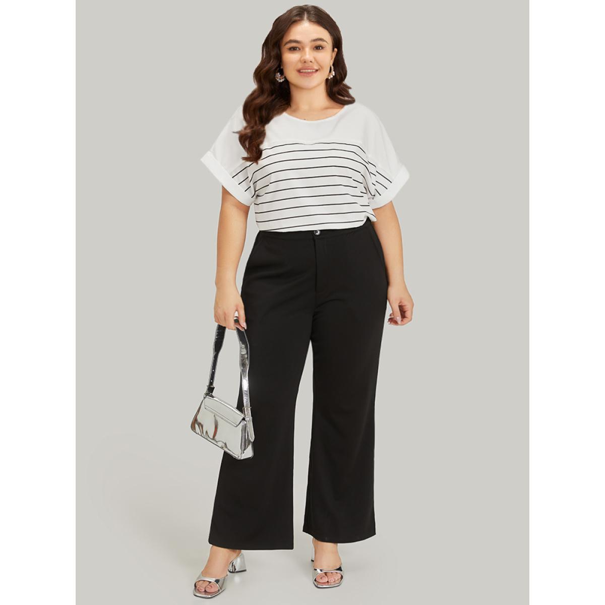Plus Size White Striped Patchwork Roll Batwing Sleeve Blouse Women Office Short sleeve Round Neck Work Blouses BloomChic 12/L Product Image