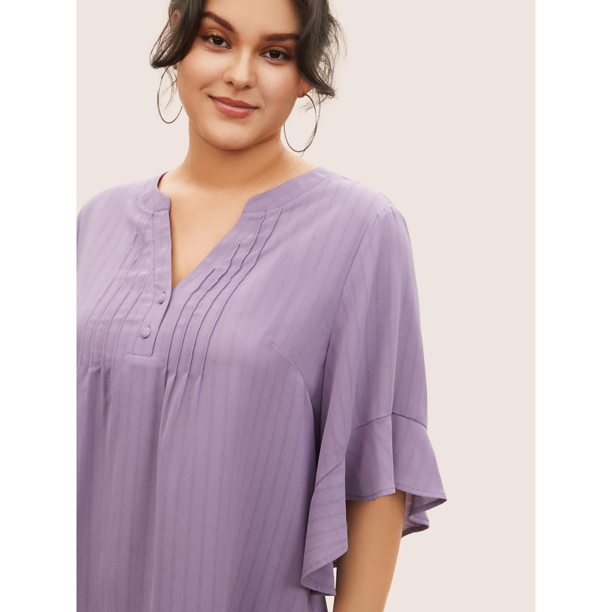 Plus Size Mauve Plain Tucked Seam Button Up Flutter Sleeve Blouse Women Work From Home Half Sleeve Flat collar Work Blouses BloomChic 14-16/1X Product Image