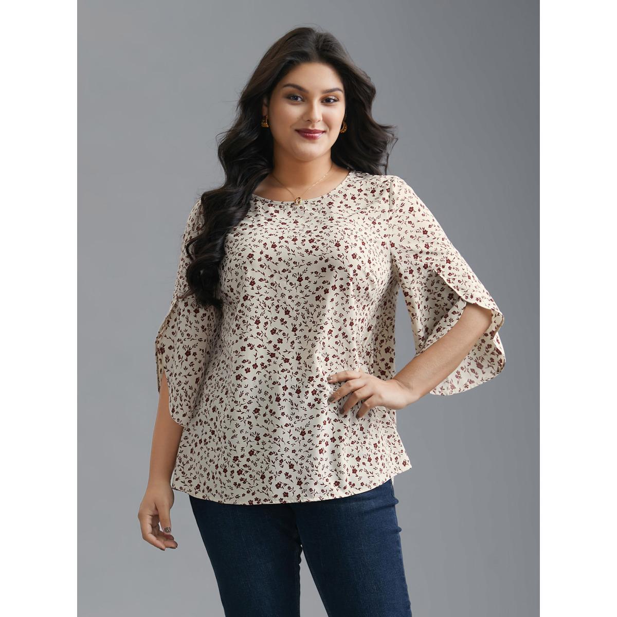 Plus Size Beige Crew Neck Ditsy Floral Bell Sleeve Blouse Women Elegant Elbow-length sleeve Round Neck Everyday Blouses BloomChic 26/4X Product Image