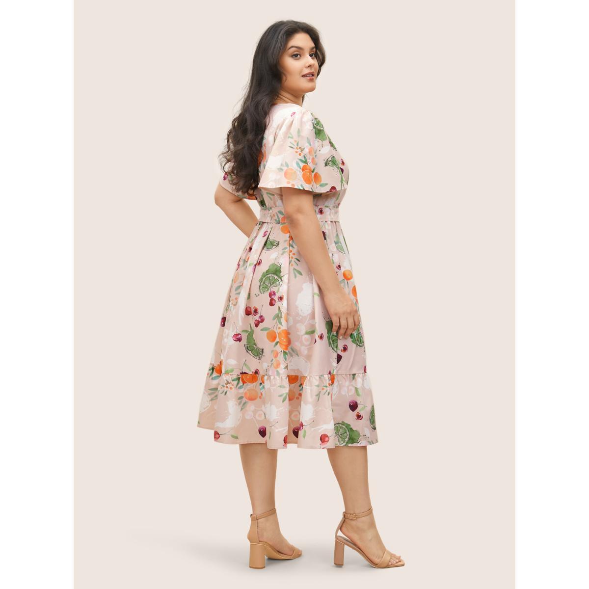 Plus Size Citrus Fruits Print Elastic Waist Belted Pocket Dress Apricot Women Elegant Non V-neck Short sleeve Curvy Midi Dress BloomChic 26/4X Product Image