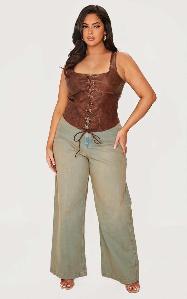 Plus Chocolate Washed Faux Leather Lace Up Corset Top Product Image