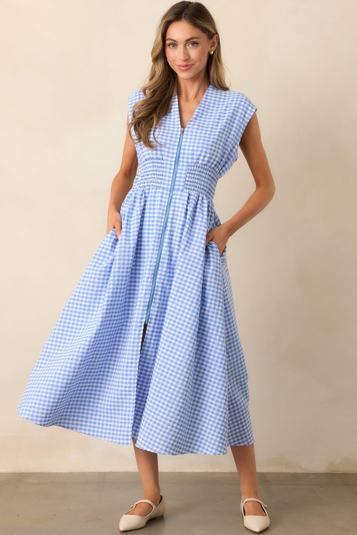 The Evette Blue Gingham Zip Front Midi Dress Product Image