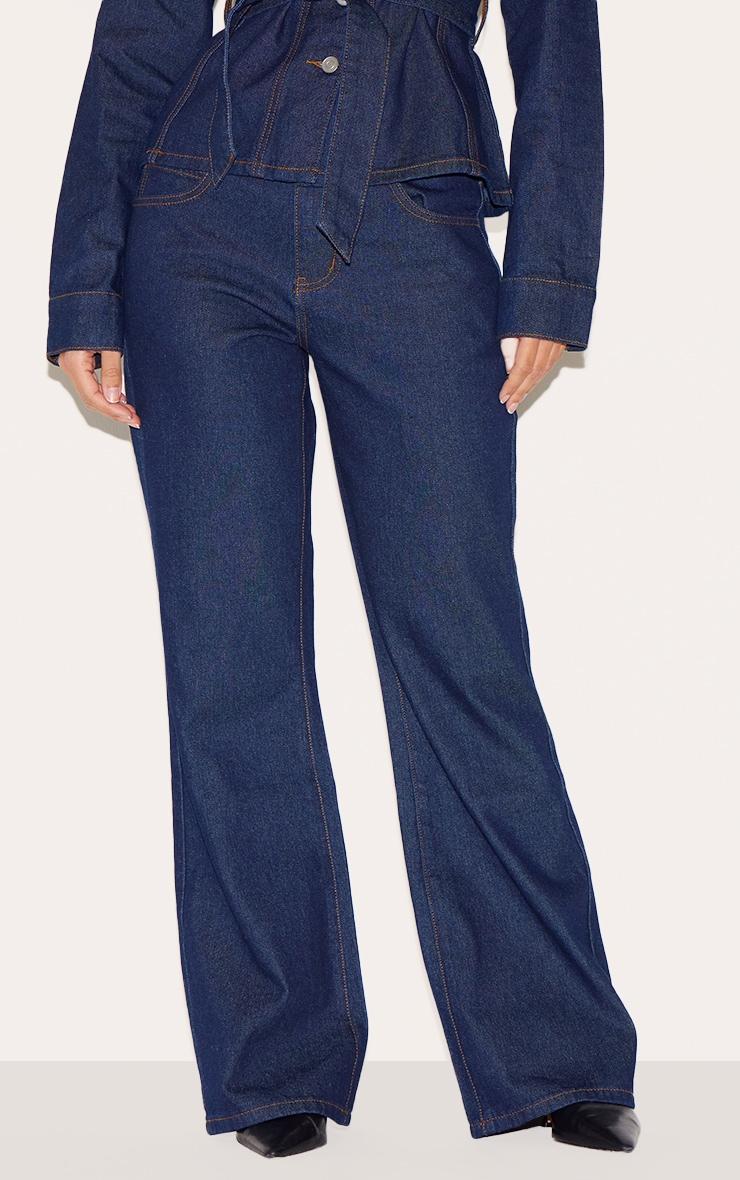Indigo Mid Waist Contrast Stitch Flared Jeans Product Image
