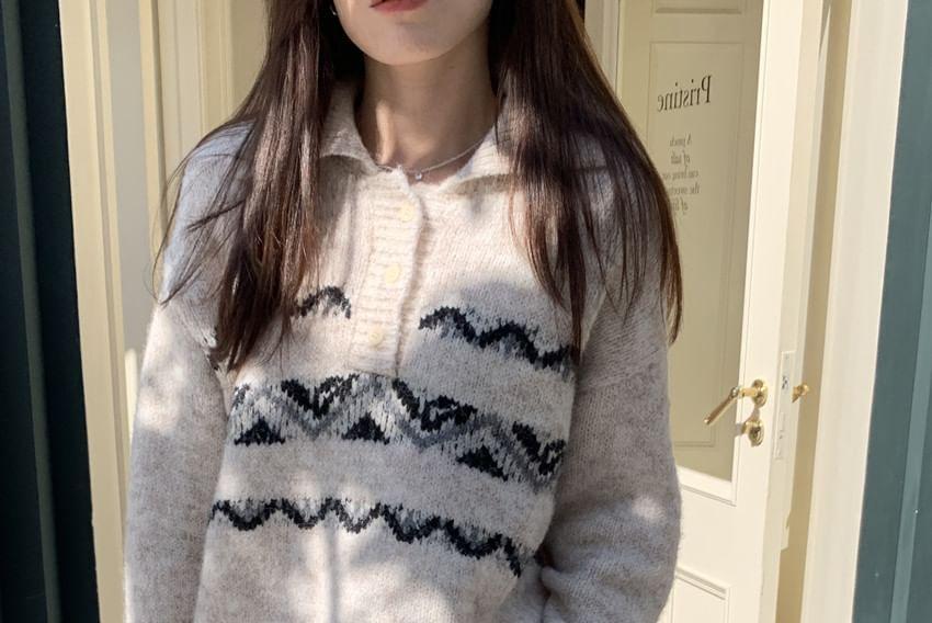 Collared Patterned Button Sweater Product Image