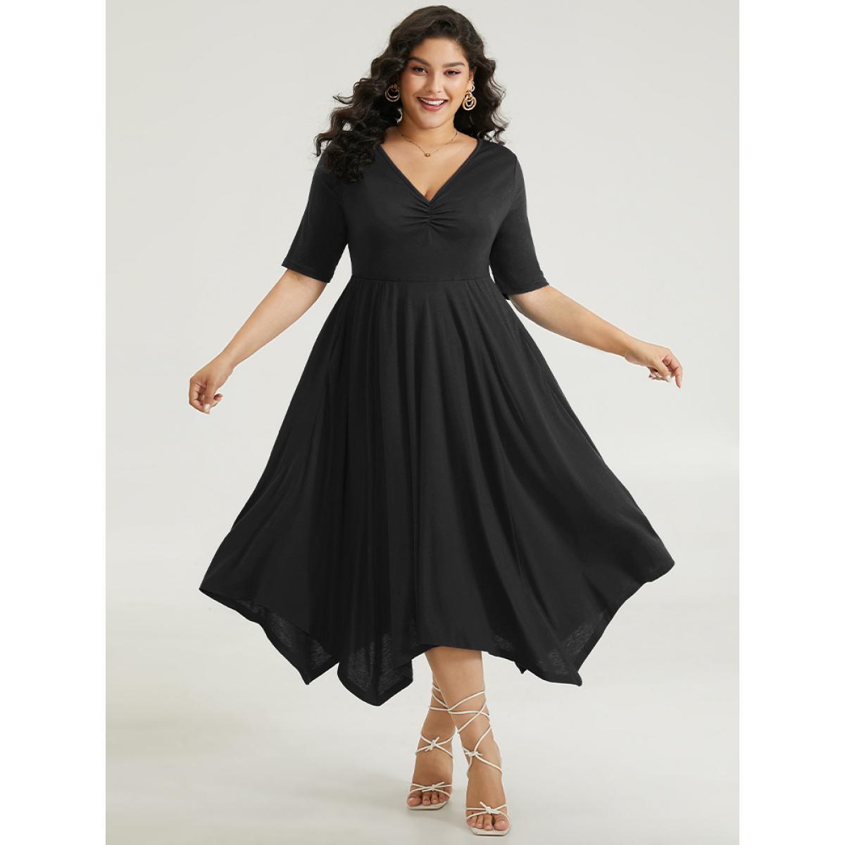 Plus Size Solid Ruched Pocket Asymmetrical Hem Dress Black Women Elegant Gathered V-neck Short sleeve Curvy Midi Dress BloomChic 28/5X Product Image
