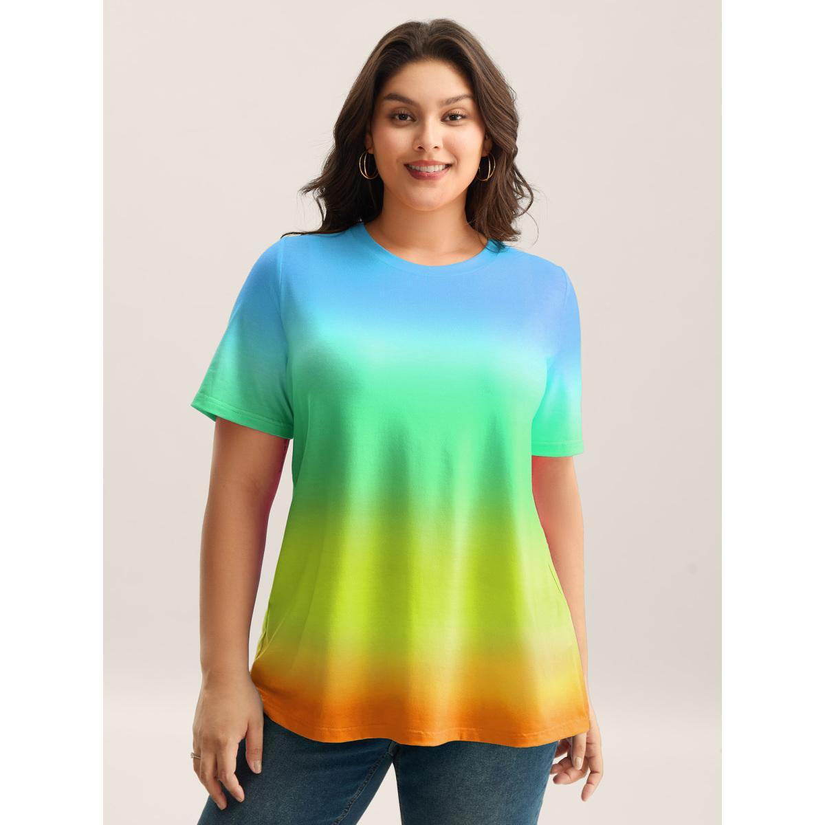 Plus Size Ombre Gradient Crew Neck Curvy T-Shirt Cerulean Women Non Round Neck Everyday-Casual T-shirts BloomChic 10/M Product Image