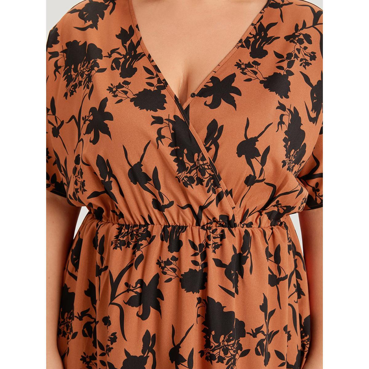 Plus Size Silhouette Floral Print Surplice Neck Elastic Waist Dress Chocolate Women Elegant Wrap V-neck Short sleeve Curvy Midi Dress BloomChic 14-16/1X Product Image