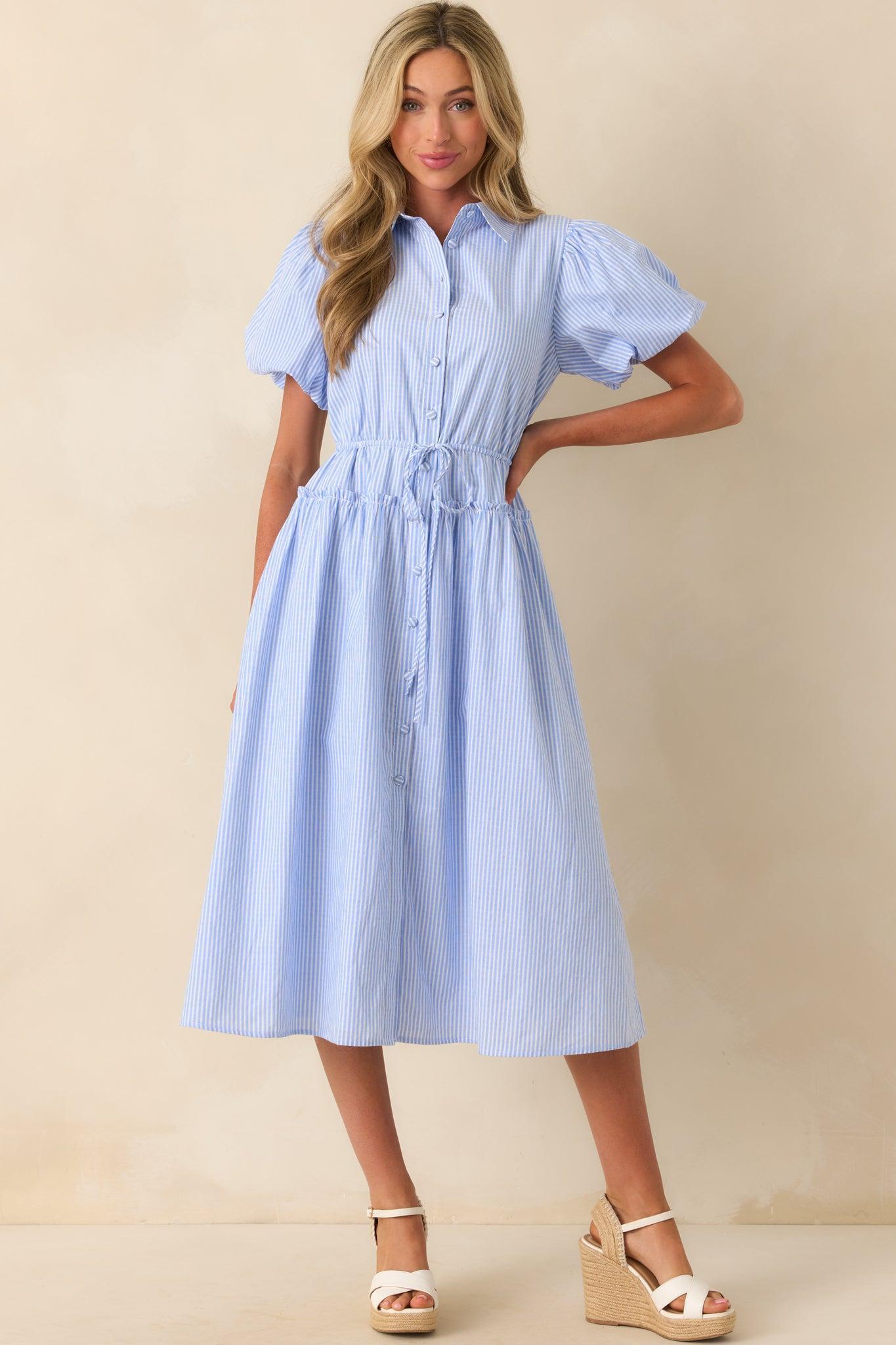 A Twist On Timeless Blue Stripe Rayon Maxi Shirt Dress Product Image