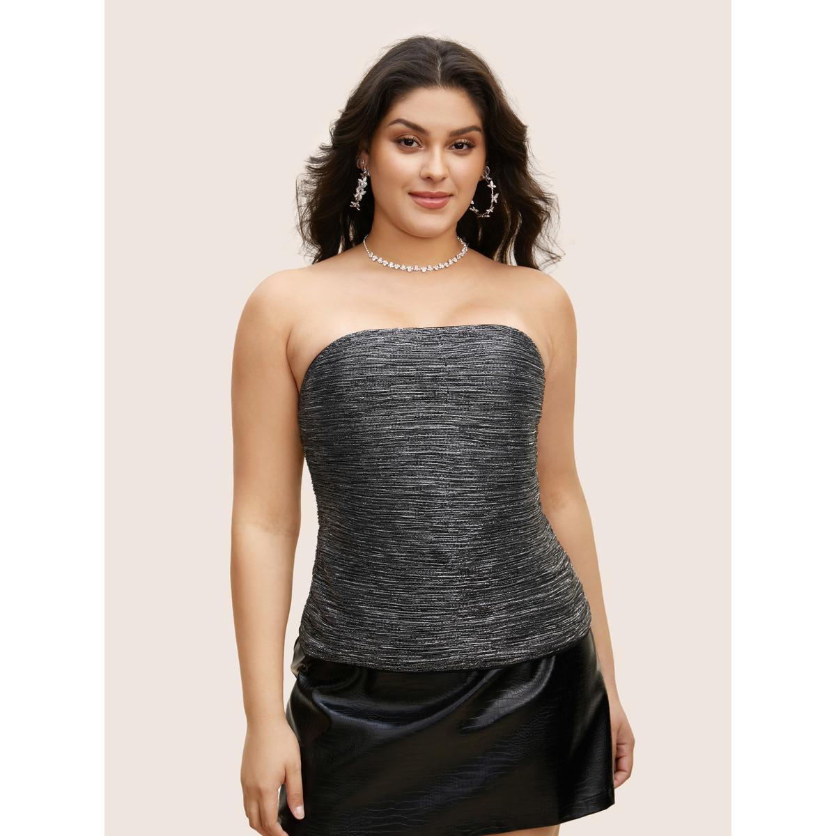 Plus Size Strapless Shiny Metal Silk Detail Tank Top Women Silver Cocktail Contrast Strapless Party Tank Tops Camis BloomChic 18-20/2X Product Image