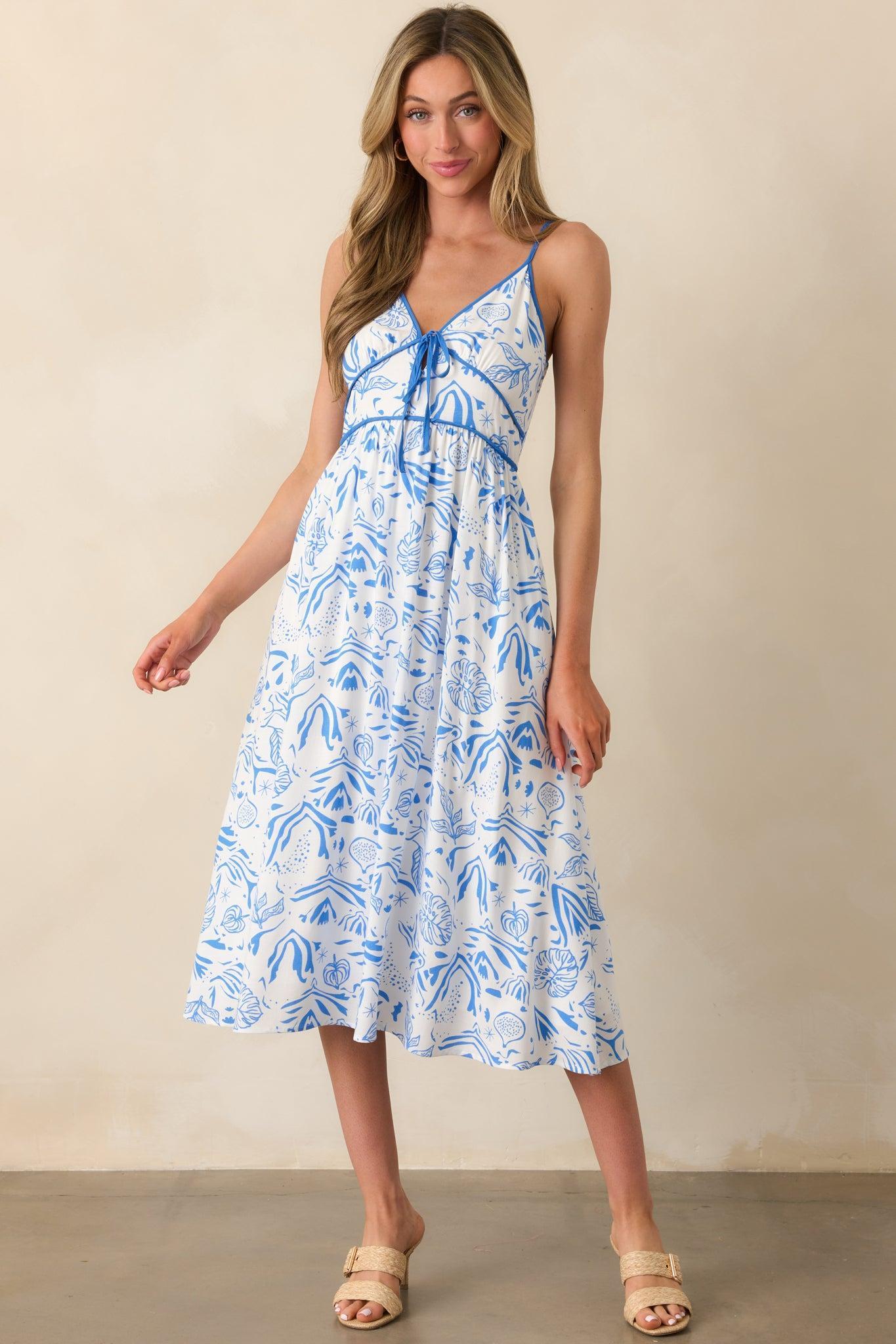 Drifting With The Wind Blue Tropical Print Midi Dress Product Image