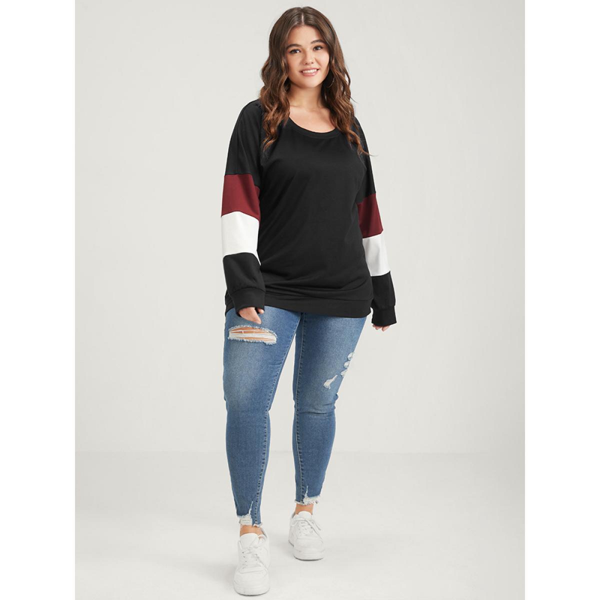 Plus Size Colorblock Patchwork Round Neck Drop Shoulder Sweatshirt Women Black Casual Contrast Round Neck Dailywear Sweatshirts BloomChic 10/M Product Image