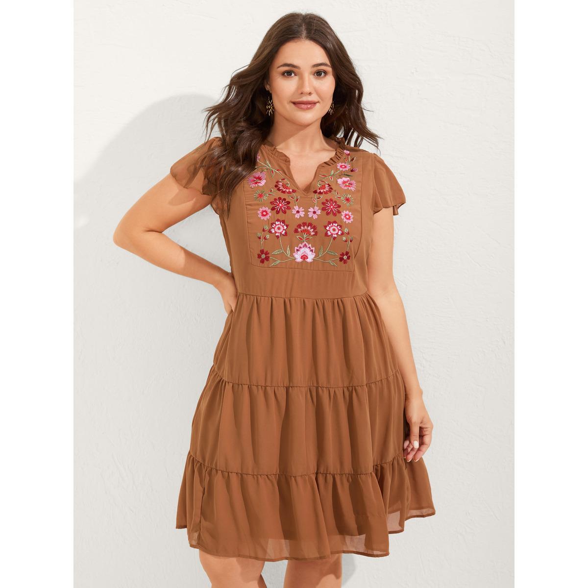 Plus Size Chiffon Floral Embroidered Tiered Midi Dress Bronze Women Embroidered Notched collar Cap Sleeve Curvy BloomChic 12/L Product Image