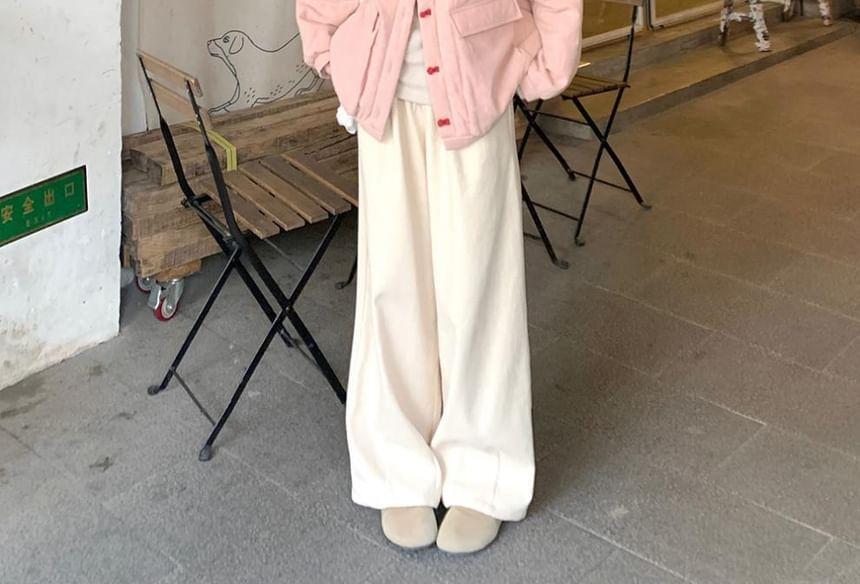 Long-Sleeve Stand Collar Plain Tee / Frog Buttoned Jacket / High Rise Wide Leg Pants Product Image
