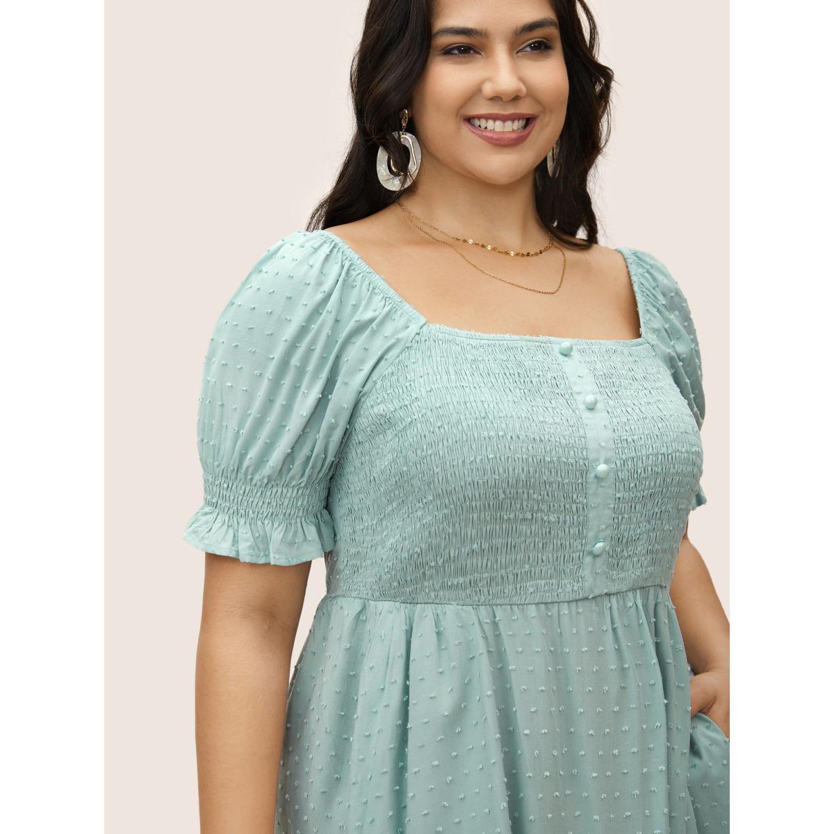 Plus Size Supersoft Essentials Solid Puff Sleeve Shirred Dress Turquoise Women Elegant Texture Square Neck Short sleeve Curvy BloomChic 10/M Product Image