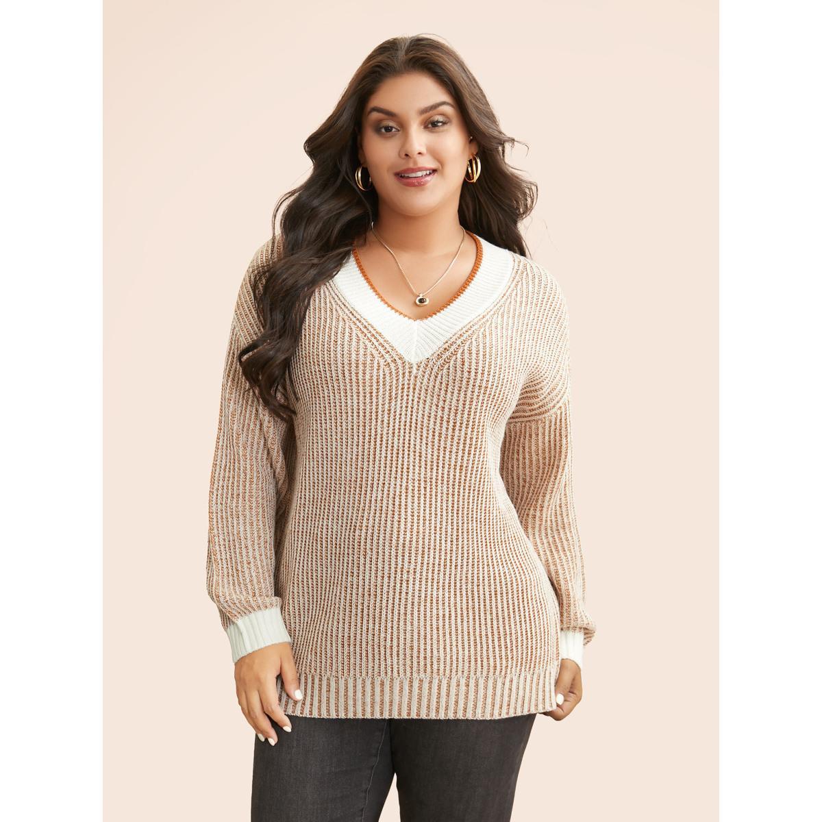 Plus Size Contrast Texture Drop Shoulder Sleeve Pullover Turmeric Women Casual Loose Long Sleeve V-neck Everyday Pullovers BloomChic 14-16/1X Product Image