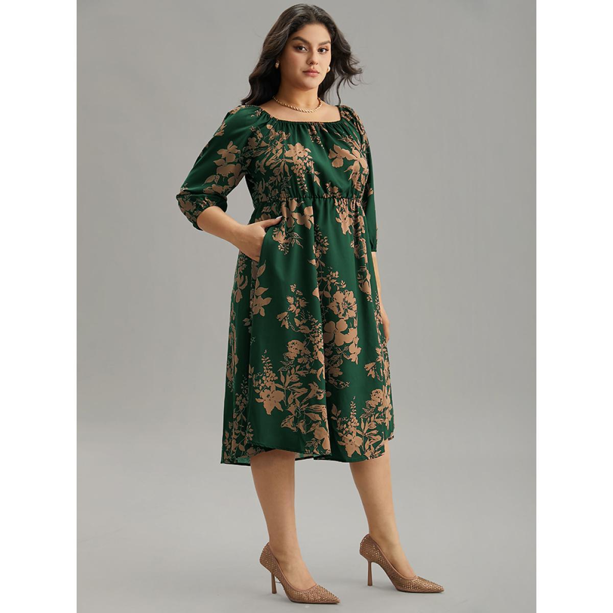 Plus Size Silhouette Floral Print Elastic Cuffs Dress DarkGreen Women Elegant Elastic cuffs Square Neck Elbow-length sleeve Curvy Midi Dress BloomChic 10/M Product Image