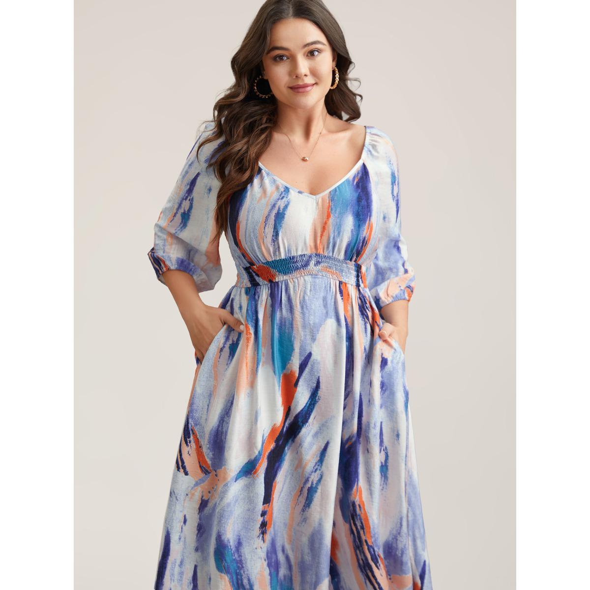 Plus Size Abstract Print Waist-Cinched Split Hem Maxi Dress Multicolor Women Elegant Gathered Heart neckline Elbow-length sleeve Curvy BloomChic 18-20/2X Product Image