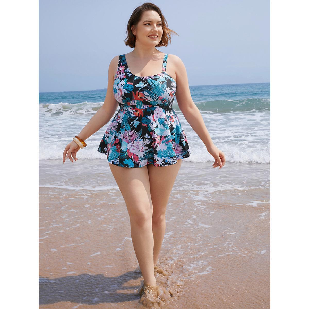Plus Size Floral Printed Asymmetrical Ruffles Hem Tankini Top Women's Swimwear BlackFlower Vacation Adjustable Straps High stretch Bodycon Asymmetrical Neck Curve Swim Tops BloomChic 18-20/2X Product Image