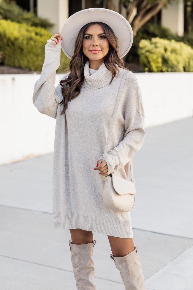 Changing Locations Beige Turtleneck Sweater Dress Product Image