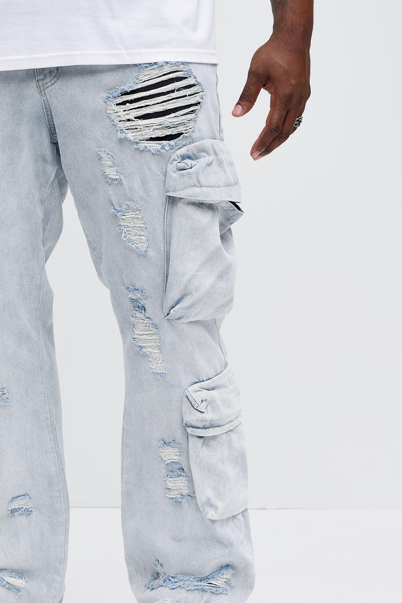 Xavier Distressed Stacked Slim Flare Jeans - Light Blue Wash Product Image