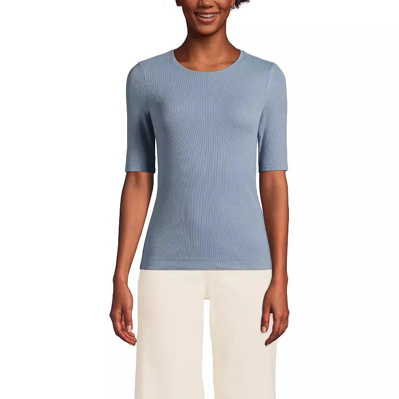 Womens Lands End Elbow Sleeve Ribbed Crewneck Tee Product Image