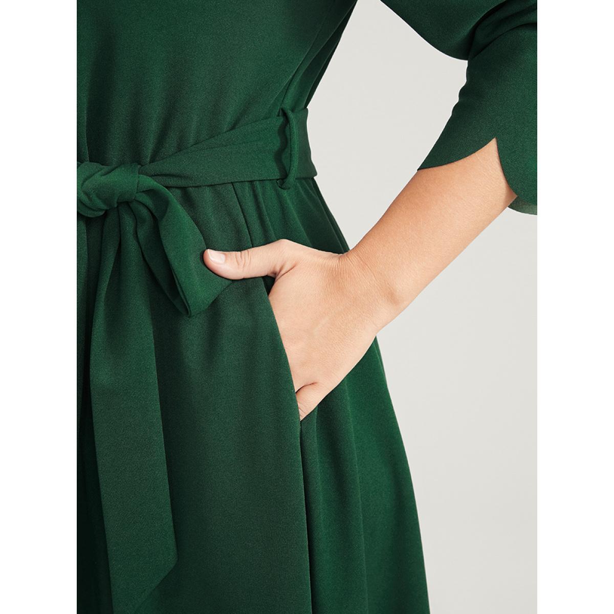 Plus Size Solid Pocket Scalloped Trim Belted Midi Dress Green Women Elegant Pocket Round Neck Elbow-length sleeve Curvy Midi Dress BloomChic 30/6X Product Image