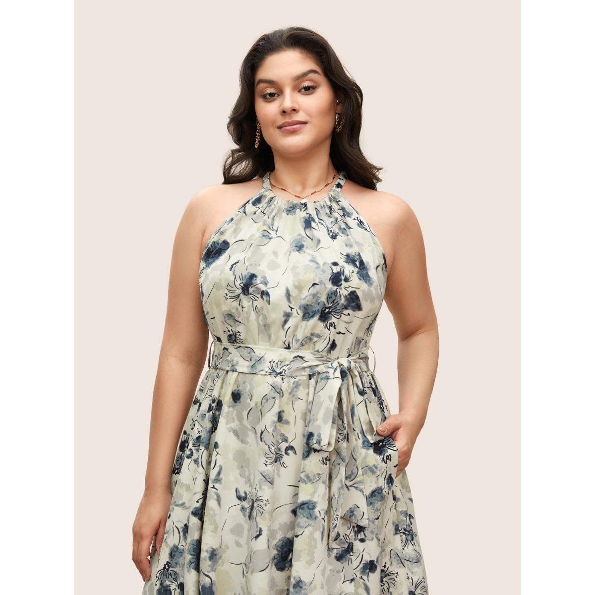 Plus Size Watercolor Floral Halter Neck Belted Gathered Dress SlateGray Women Elegant Gathered Round Neck Sleeveless Curvy BloomChic 30/6X Product Image