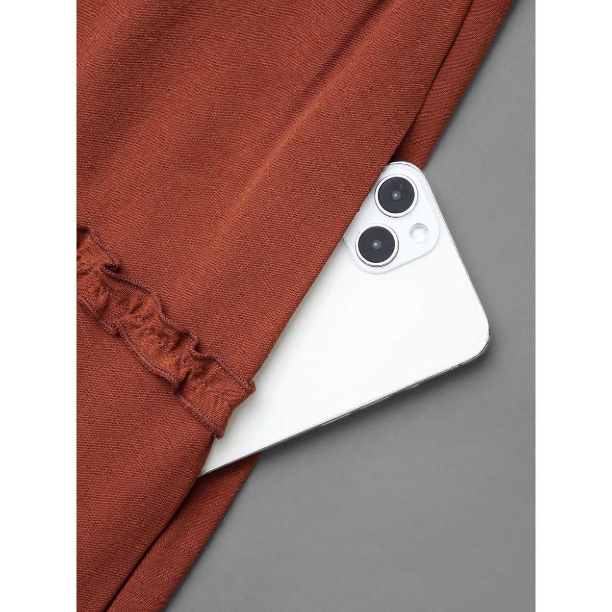 Plus Size Plain Frill Trim Ruffle Layered Hem Dress Russet Women Resort Gathered V-neck Long Sleeve Curvy BloomChic 26/4X Product Image