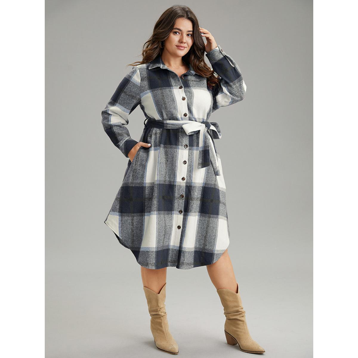 Plus Size Plaid Shirt Collar Button Through Belted Dress DarkBlue Women Casual Belted Shirt collar Long Sleeve Curvy Midi Dress BloomChic 30/6X Product Image