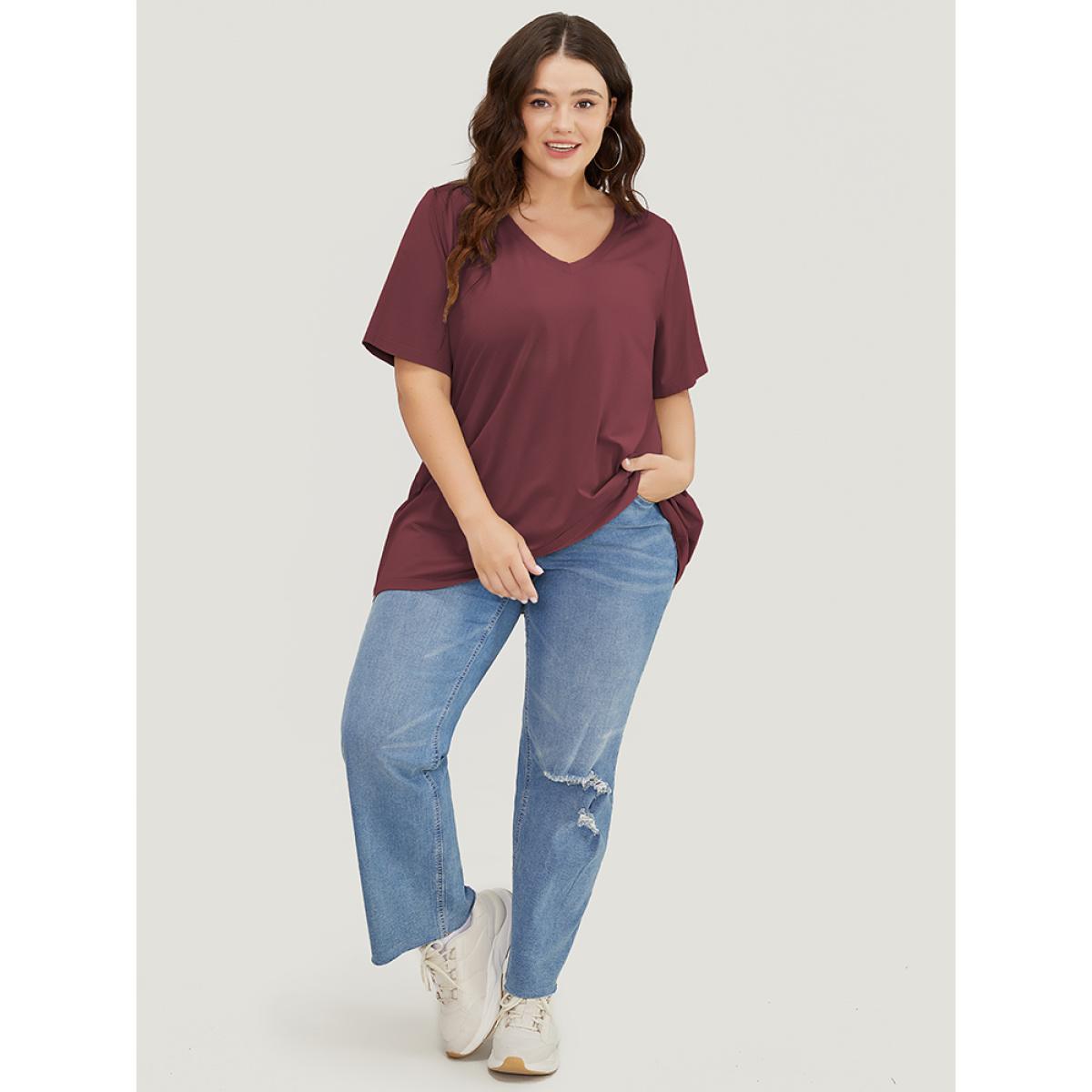 Plus Size UltraCool Short Sleeve Drop Shoulder V Neck T-shirt Burgundy Women Basics Plain V-neck Dailywear T-shirts BloomChic 14-16/1X Product Image
