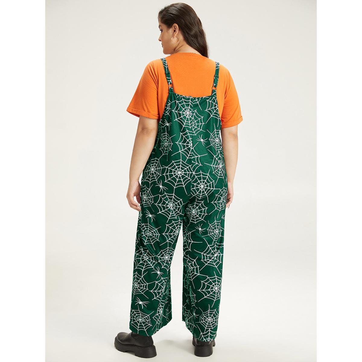 Plus Size DarkGreen Halloween Spider Web Print Pocket Overall Cami Jumpsuit Women Casual Sleeveless Spaghetti Strap Festival-Halloween Loose Jumpsuits BloomChic 10/M Product Image