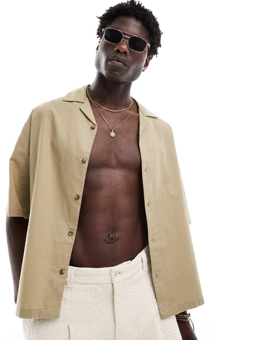 ASOS DESIGN boxy oversized linen blend shirt with camp collar in dark sand Product Image