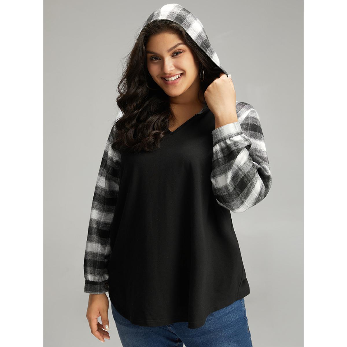 Plus Size Plaid Print Hooded Patchwork Sweatshirt Women Black Casual Patchwork Hooded Everyday Sweatshirts BloomChic 22-24/3X Product Image