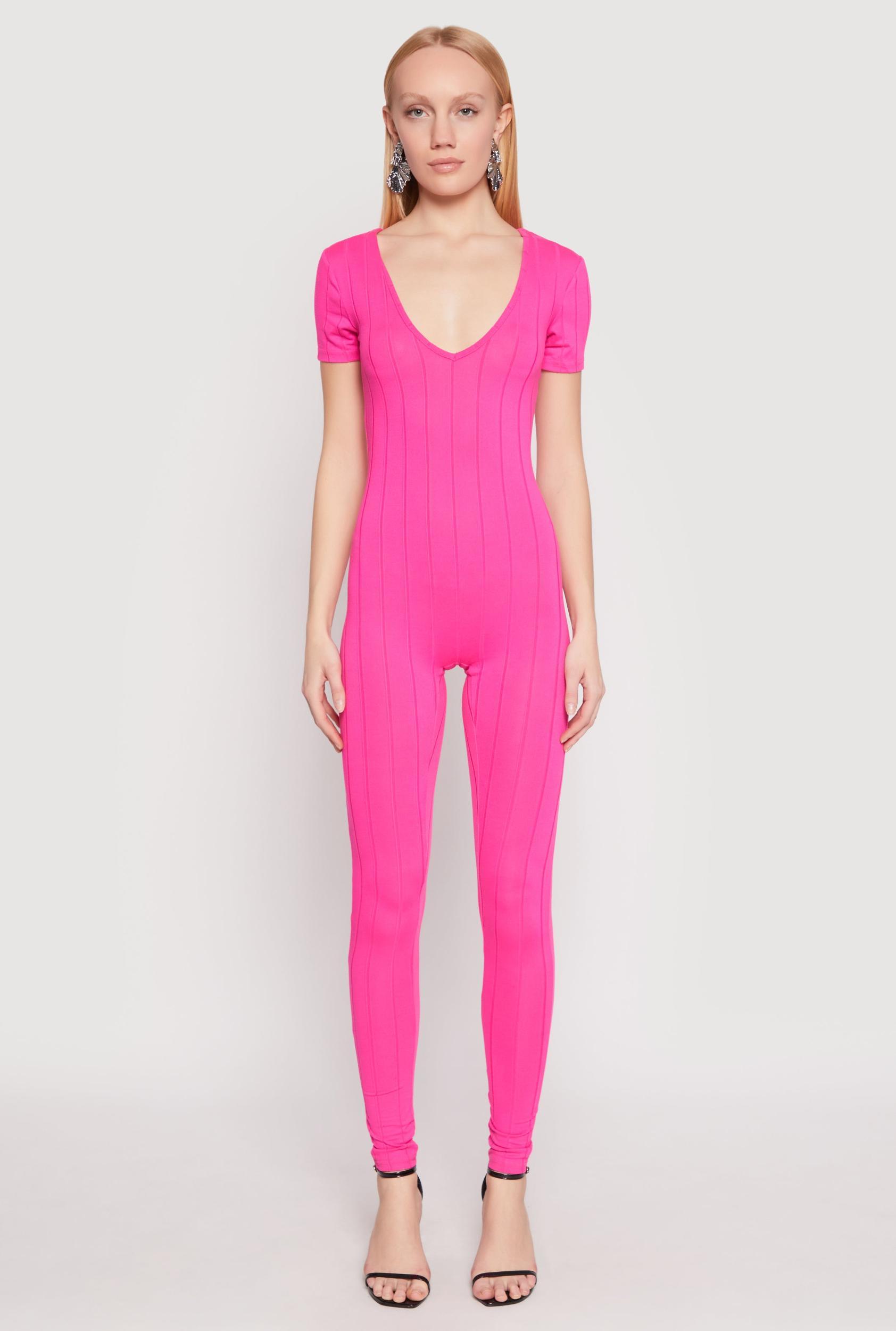 Womens Ribbed Knit Short Sleeve V Neck Jumpsuit Product Image