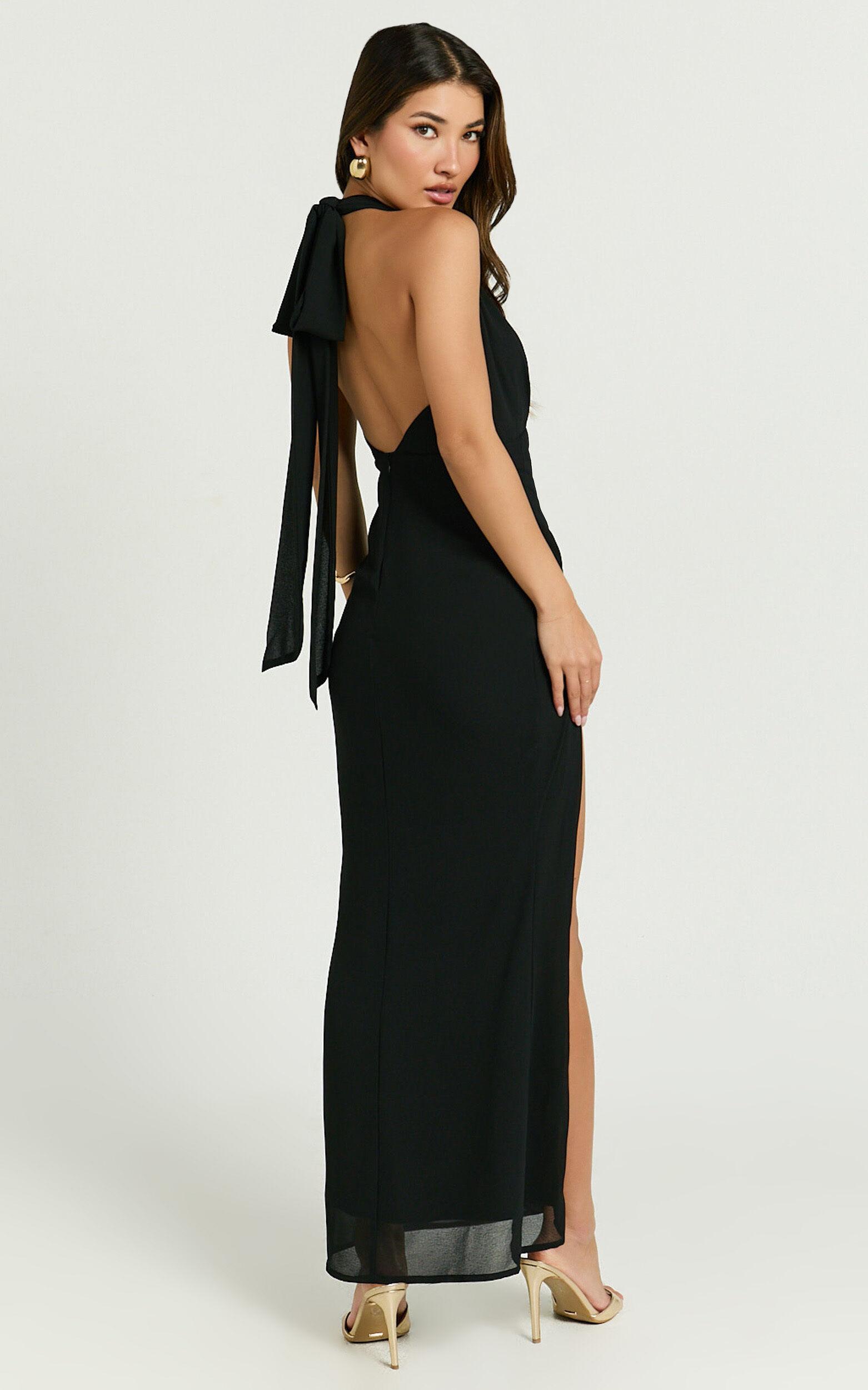 Nikki Maxi Dress - Halter Thigh Split Wrap Dress in Black Product Image